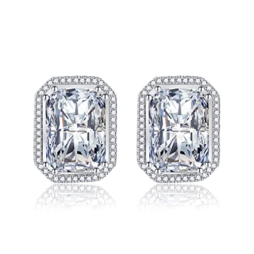 Image of Shuxin Sterling Silver Stud Earrings for Women, Silver Rectangle Cubic Zirconia Stud Earrings, Big Clear Faux Crystal Diamond Gemstone Studs Earrings, Bridal Earrings for Brides Bridesmaids Wedding