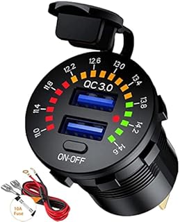 Quick Charge 3.0 USB Car Charger Socket 12V/24V 36W with Switch and Voltmeter Dual QC3.0 USB Fast Charger Socket Power Outlet for Marine, Boat, Motorcycle, Truck, Golf Cart