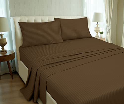Image of ROYALE LINENS 4 Piece Cal King Sheets Set - Soft Brushed Microfiber - 1 Fitted, 1 Flat Sheet, 2 Pillowcases - Wrinkle Free & Fade Resistant - Hotel Luxury Bed Sheets (Stripe Chocolate, Cal King)