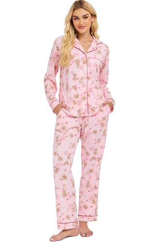 Image of LUBOT Christmas Pajamas for Women 100% Cotton Pajama 2 Piece PJ Set Soft Long Sleeve Button Xmas Print Loungewear XS-XXL