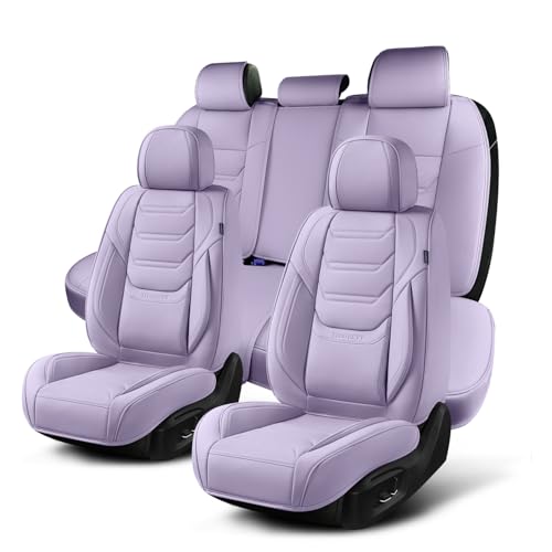 Image of TIEHESYT Leather Car Seat Covers Full Set with Lumbar Support, Waterproof Car Seat Cover, Universal Seat Covers for Cars, Trucks, SUVs, Sedans, Airbag Compatible, Front Pair and Rear, Purple