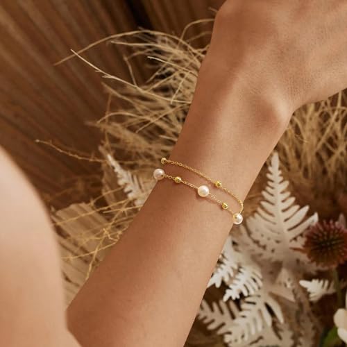 Yoosteel Gold Pearl Bracelets for Women, Dainty 14K Gold Plated Pearls Beaded Link Chain Bracelet Jewelry Gift for Women3