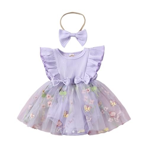 Image of Hnyenmcko Newborn Baby Girl Summer Romper Dress Infant Fly Sleeve Flower Embroidery Mesh Tulle Skirt Hem Ribbed Bodysuit