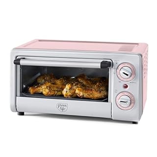 GreenLife Countertop Toaster Oven Air Fryer Stainless Steel, Healthy Ceramic Nonstick, PFAS Free, Tray & Basket, Bake, Broil, Reheat, Adjustable Temp & Time Control, Auto Shutoff, Pink