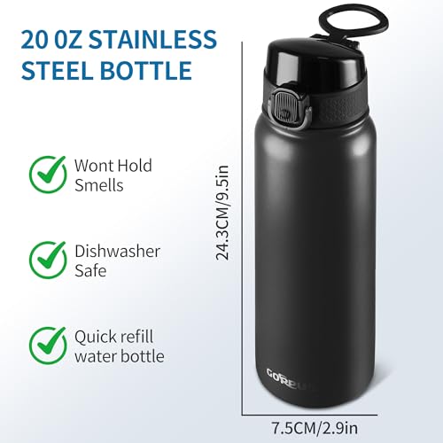 Image of GOPPUS Insulated Water Bottle 20oz Stainless Steel BPA-Free Sports Bottle Ideal for School and Travel Silicone Spout Lid Prevents Leaks, Sweat, and Dust (Black)