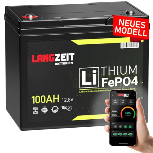 LANGZEIT LiFePO4 100Ah Bluetooth BMS 12V Mini Lithium Batterie mit Solarbatterie Wohnmobil Solar Bootsbatterie Akku