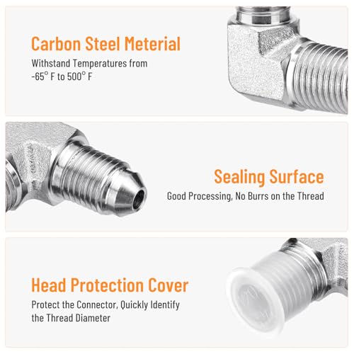 Image of 5 Pack 90 Degree Elbow Hydraulic Adapter Fittings: 1 /4 inch JIC Male x 1 /4 inch NPT Male, with Protection Cover Hydraulic Hose Crimp Connectors | 5 Pack Carbon Steel Hydraulic Hose Crimp Connectors with Protective Covers for Hydraulic Applications - 2501-04-04