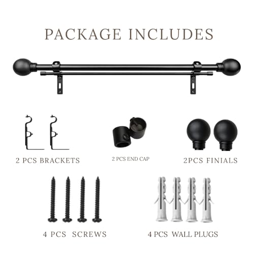 Image of 28 inch-48 inch Adjustable Double Curtain Rod For Door & Windows With Brackets Set Curtains Hanging Extendable Iron Metal Pipe Holder With Ross Grey Metal Finial (Black, 0.78 inch Diameter)