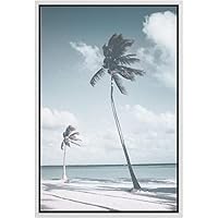 SIGNWIN Framed Canvas Wall Art Blue Wash Out Tropical Coconut Palm Trees by The Sea Coastal Ocean Photography Realism Beach Scenic Relax/Calm Duotone for Living Room, Bedroom, Office - 16