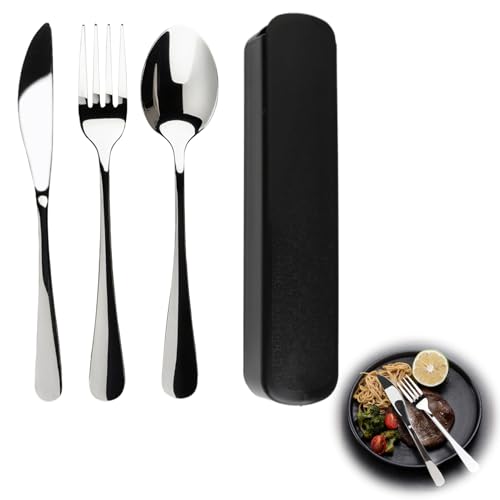 Portable Stainless Steel Flatware Set - 3-Piece Travel Cutlery Set with Knife, Fork & Spoon, Premium Durable Utensils for Camping, Office & Outdoor Dining, Compact & Lightweight (Black)