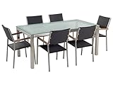 Beliani Gartenset Edelstahl Crashglas 180 cm transparent 6 Rattanstühle schwarz Grosseto
