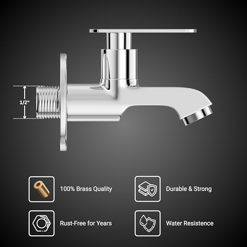 Image of GLOXY Premium Brass Bib Cocke Short Body with Chrome Finish - Short Body Wash Basin Tap Jet+ Lever with Wall Flange - Bib Cock Tap for Kitchen Sink, Bathrooms, Gardens - 10 Years Warranty