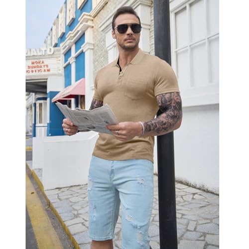 Image of Men's Short Sleeve Polo Shirts Buttons Collared T Shirts with Pocket | Moisture-Wicking,Soft Stretch Fabric, Lightweight,Structured Collar,Business Casual, Golf, Office,All-Day Comfort