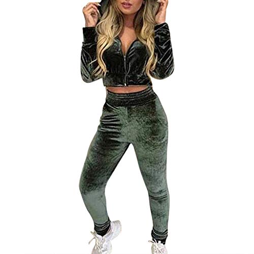 HebeTop Women's 2 Piece Outfits Velvet Zip Hoodie Sweatshirt & Sweatpants Sweatsuits and Velour Tracksuit Sets Jogging Suit Green