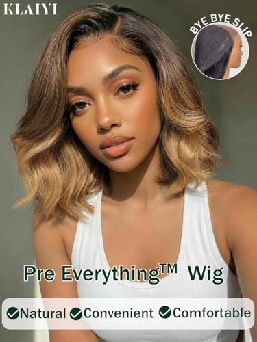 Image of KLAIYI Bye Bye Slip Ombre Brown Highlight Glueless Bob Loose Wave Wig Human Hair Precut 7x5 Lace Front Wigs Drawstring Blonde Pre Plucked Bleached Knots Ready to Wear and Go Wig with Side Bang 14Inch
