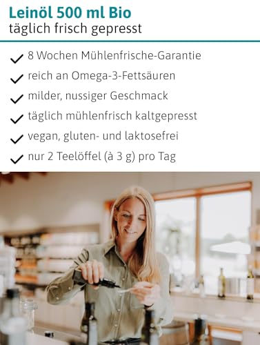 Foto von ÖLMÜHLE SOLLING - BIO Leinöl | Täglich mühlenfrisch kaltgepresstes Öl aus Leinsamen. Leinöl mit mildem und nussigem Geschmack. Reich an Omega-3-Fettsäuren | Inhalt: 500 ml