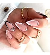 24Pcs French Tip Press on Nails Medium Almond Shiny Fake Nails Geometric Black White Line Stripe ...