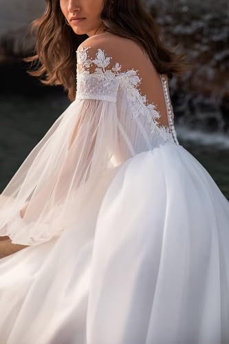 Womens Tulle A Line Wedding Dresses for Bride with Sleeves V Neck Lace Applique Wedding Gown Long Bridal Dress4