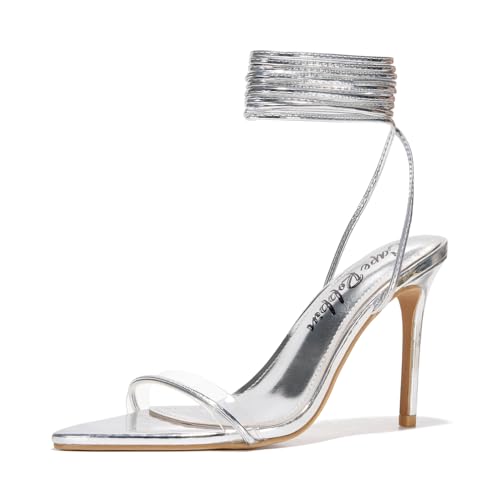Image of Cape Robbin Women's Lace Up Stiletto Heel Sandals - Pointed Open Toe Clear Strap Ankle Wrap Tie Up High Heels (Moroni)