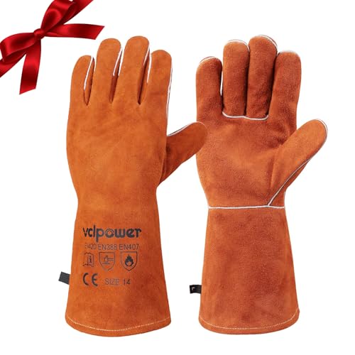 vclpower Welding Gloves Fire Heat Resistant 14IN Fireproof Leather for Welding Fire Pit...