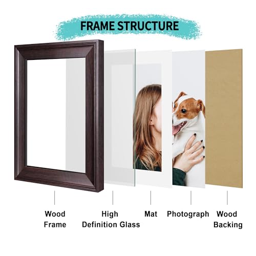 Image of iRahmen 6x8 Vintage Picture Frame with Mat 4x6 - High Definition Real Glass Wooden Photo Frames for Tabletop Display and Wall Mounting (Dark Brown, Set of 4)