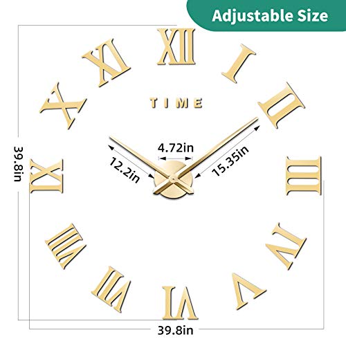 Vreaone Large 3D Diy Wall Clock, Giant Roman Numerals Clock Frameless Mirror Big Wall Clock Home Decoration For Home Living Room Bedroom Wall Decorations(Gold) #TOP3