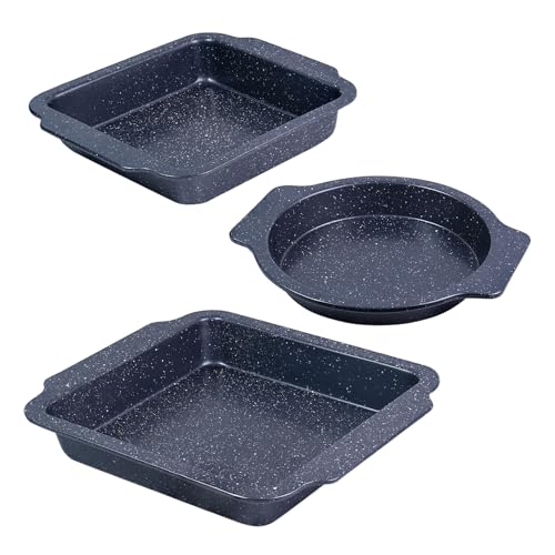 EazyBreezy Set of 3 Non-Stick Baking Tray Set Roasting Pan with Handles Carbon Steel Cake Tin Oven Trays Roasting Tin Oven Safe Up to 220°C - 3 Sizes, Round & Rectangular
