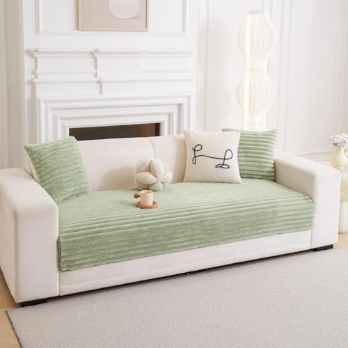 Image of HOMETHREADS Thick & Soft Fur Plush Sofa Cover-Luxurious Cozy Slipcover, Washable & Pet-Friendly, Anti-Scratch Protector for Sofas (Faux Linning Green, 3 Seater | 180x70cm)