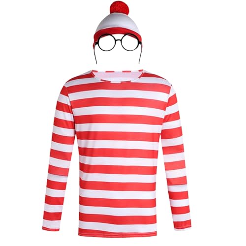 Conjunto de disfraz rojo y blanco para hombre y adulto, uniforme de wally, camiseta blanca a rayas, sombrero, gafas, calcetines, conjunto de ropa para el día mundial, disfraz de día mundial, disfraz