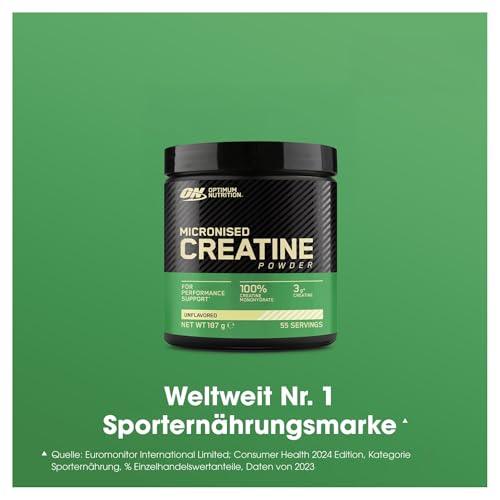 Optimum Nutrition Kreatin Monohydrat Pulver – 3 g reines Kreatin pro Portion – Unterstützt Leistung & Kraft bei intensivem Training – Geschmacksneutral, Optimal als Pre- oder Post-Workout – 187 g 2