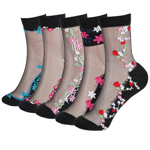 5 Pairs Sheer Black Socks Mesh Transparent Socks for Women Ultrathin Fishnet Floral See Through Sock Lace Ankle Sock Candy Womens Sheer Ruffle Summer Stockings