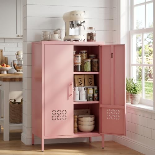 GangMei 42 H Pink Metal Cabinet with 2 Adjustable Shelves Metal Coffee Bar & Buffet Sideboard Cabinet with 2 Doors for Home Dining Room Kitchen Assembly Required