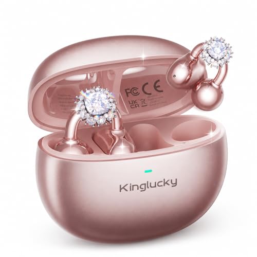 Kinglucky Clip-On Open Ear Earbuds with Detachable Diamond Earrings, Bluetooth 5.4 Open Ear Wireless Headphones for Women, 40H Playtime, Comfortable Small-Ear Fit, Rose Gold