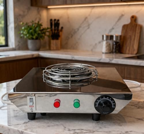 Image of Steeple 2000W Electric Infrared Stove | Stainless Steel Cooktop | All Utensil Compatible | Fast Heating Cooktop with Temperature Control Knob | Portable Kitchen Stove for Home