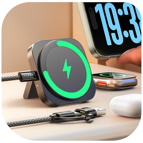 LISEN für Ladestation Apple Watch Und iPhone [Super Tragbar] Magsafe Ladegerät,Reisen Wireless Charger für iPhone Magsafe Stand 2025 iPhone Apple Induktive Ladestation Fit iPhone 16e Watch Airpods