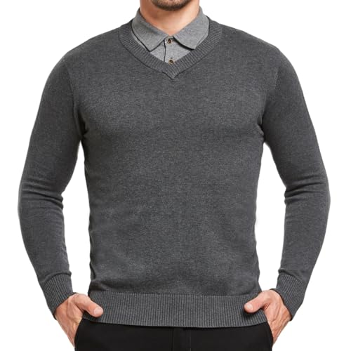 Image of JustSun Mens Jumper Classic Sweater with V-Neck and Long Sleeve Grey Small