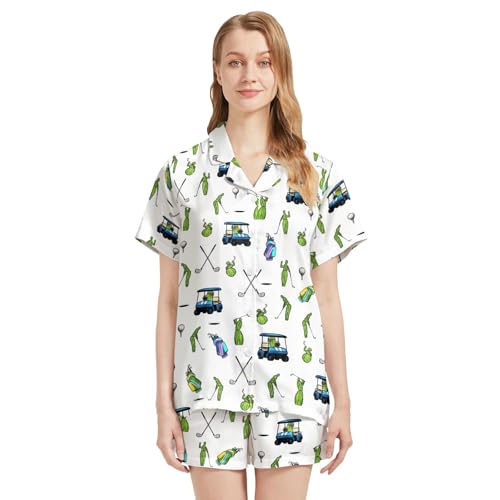 Image of Funny Pajamas for Women Set Print Satin Loungewear Pjs Short Sleeve Button Down Top and Shorts Sets Sleepwear XS-3XL