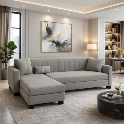 Image of SOCOZI Almeria 4 Seater LHS L Shape Sofa Set | Soft Velvet Suede Fabric | Modern Design | Plush Comfort Cushions for Living Room (Light Grey)