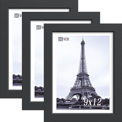 Image of VCK 9x12 Picture Frames - Black, Wide Border Solid Wood Frame, Display Photo in Horizontal and Vertical, for Home, Office, Gallery, Woodgrain Series, Table Display or Wall Hanging, 3 Pack