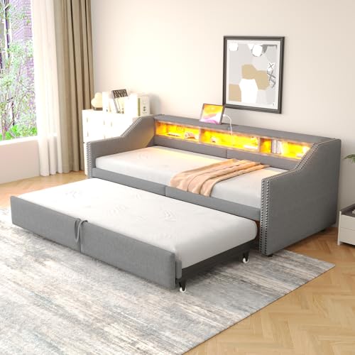EINHOM Schlafsofa Polsterbett 90/180x200 cm, Tagesbett mit Ausziehbett, Jugendbett mit LED-Licht und-USB, Multifunktionales Staufach, Leinen, Ohne Matratze, Hellgrau