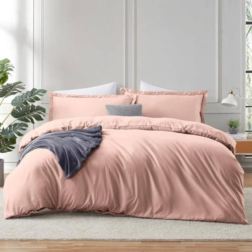 Image of Hearth & Harbor Blush Pink Duvet Cover with Fitted Sheet Twin Size | 3 Piece Soft Double Brushed Bedding Set, Button Closure, 1 Duvet Cover 68x90 Inches, 1 Fitted Sheet, 1 Pillow Sham