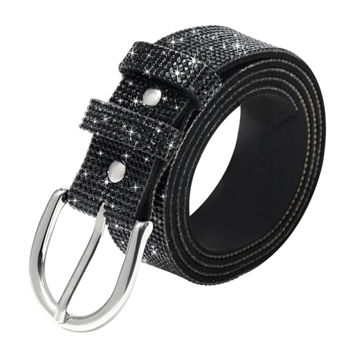 WELROG Rhinestone Belt for Women,Bling Crystal Vintage Belts Shiny Soft for Party Jeans Dresses(Black-100)
