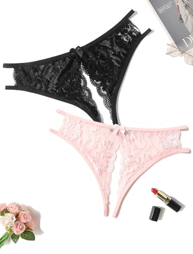 Image of Avidlove Women Lace Panties Sexy Thong Underwear Floral Lace Briefs | Womens sexy panty with Cute Bow Center Low Rise Underwear Mesh Hollow Out G-String 1-4 Pack