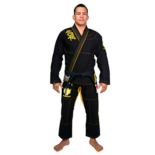 SHOGUN Fight Jiu Jitsu Gi Ultra Light Kanji 350gsm Pearl Weave Cotton Premium BJJ Black and Gold A2