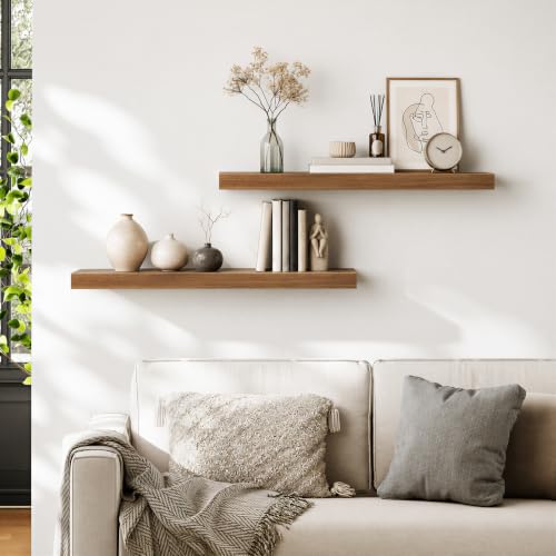 Image of HOOBRO 31.5 inch Floating Shelves for Wall, Set of 2 Wall Mounted Shelf | Hanging Shelf with Invisible Brackets, for Wall Decor Storage in Bathroom Bedroom Kitchen Living Room Office, Walnut