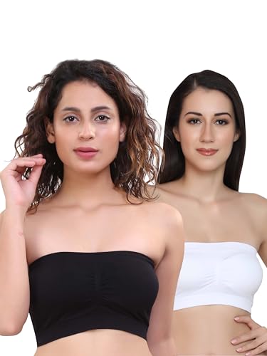 Image of GLAMORAS Polyester Spandex Padded Strapless Non Wired Removable Pads Seamless Bandeau Tube Top Bra, Pack of 2