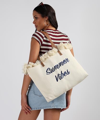 Image of GRECIILOOKS Eco Canvas Boho Tote Bag for Women, Spacious Jute Handbag with Faux Leather Straps, Frayed Edge & Floral Print, Lightweight Shoulder Bag for Beach Travel Shopping Work
