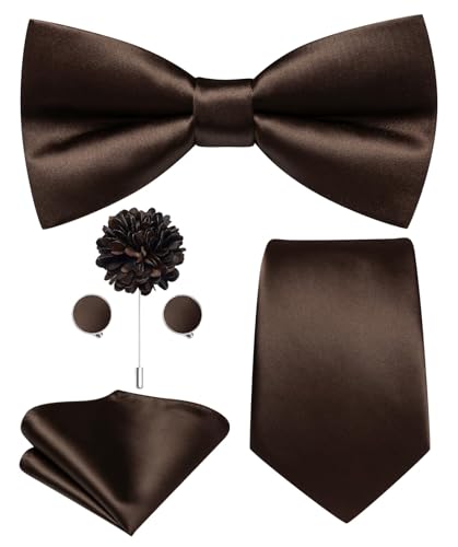 Image of Hi-Tie 5Pcs Mens Solid Color Silk Tie Satin Pretied Bowtie Lapel Pin for Men Handkerchief Cufflink Wedding Gift Box