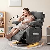 FiveWillowise Power Rocking Chair Nursery with Adjustable Armrests&Headrest, Glider Recliner Chair, Swivel Reading Chair with Electric Lumbar Support, Cup Holder, Nightlight and USB Ports, Grey