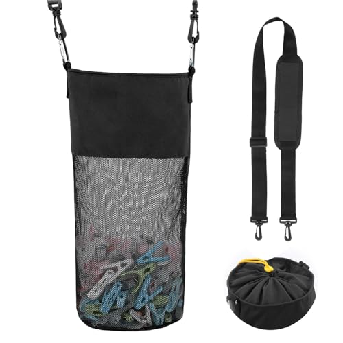 GNEGNI LIFE Sacchetto per mollette da bucato, grande rete da appendere, con gancio e tracolla, contiene 500 mollette, borsa portatile per mollette ad asciugatura rapida, Nero , Sacchetto per mollette